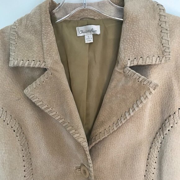 Charlotte Russe tan genuine leather jacket w/stitching, button closure lined, L - Picture 5 of 11